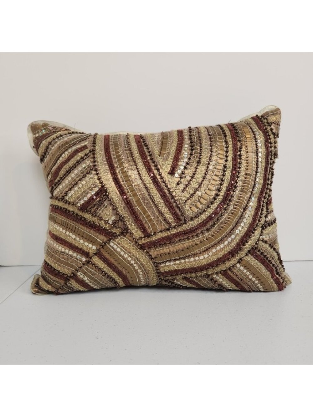 Pier 1 Brown Gold Beaded Sequin Throw Pillow Rectangle Home Decor